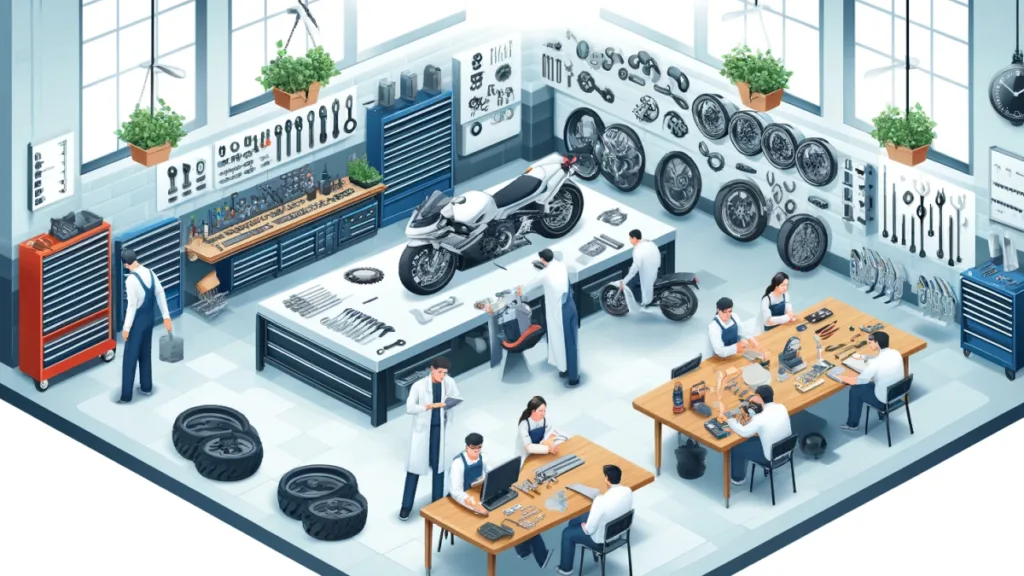 Ambiente organizado em oficina de motos